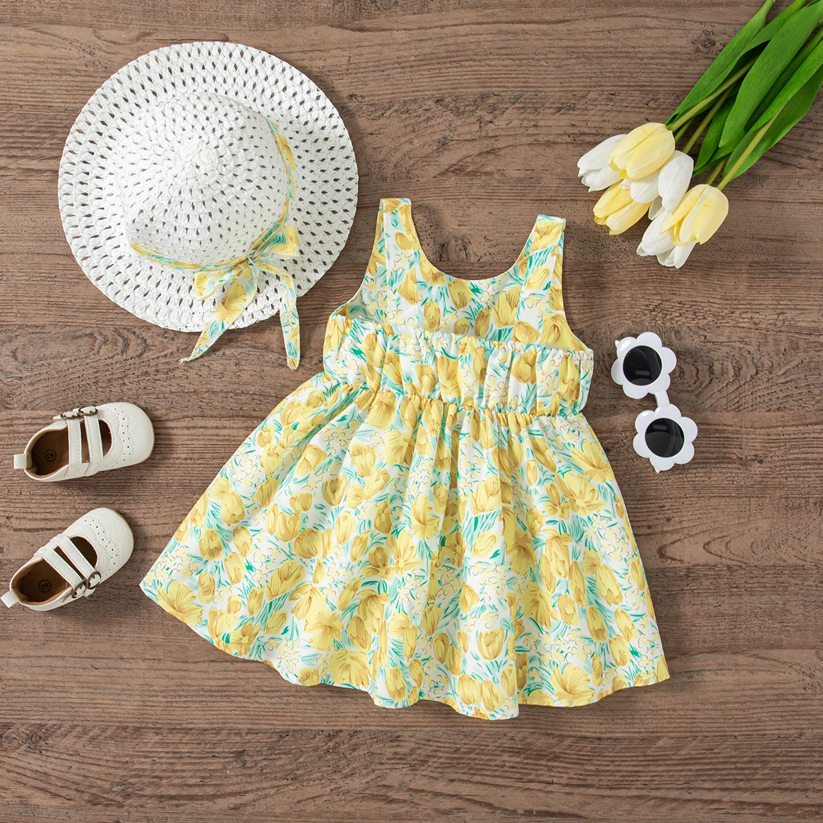 Baby Girl Dress Summer Tulip And Bow Pattern Suspender Fluffy Girl Dresses Cute Casual Beach Princess Dress﻿ Baby Girl Clothes