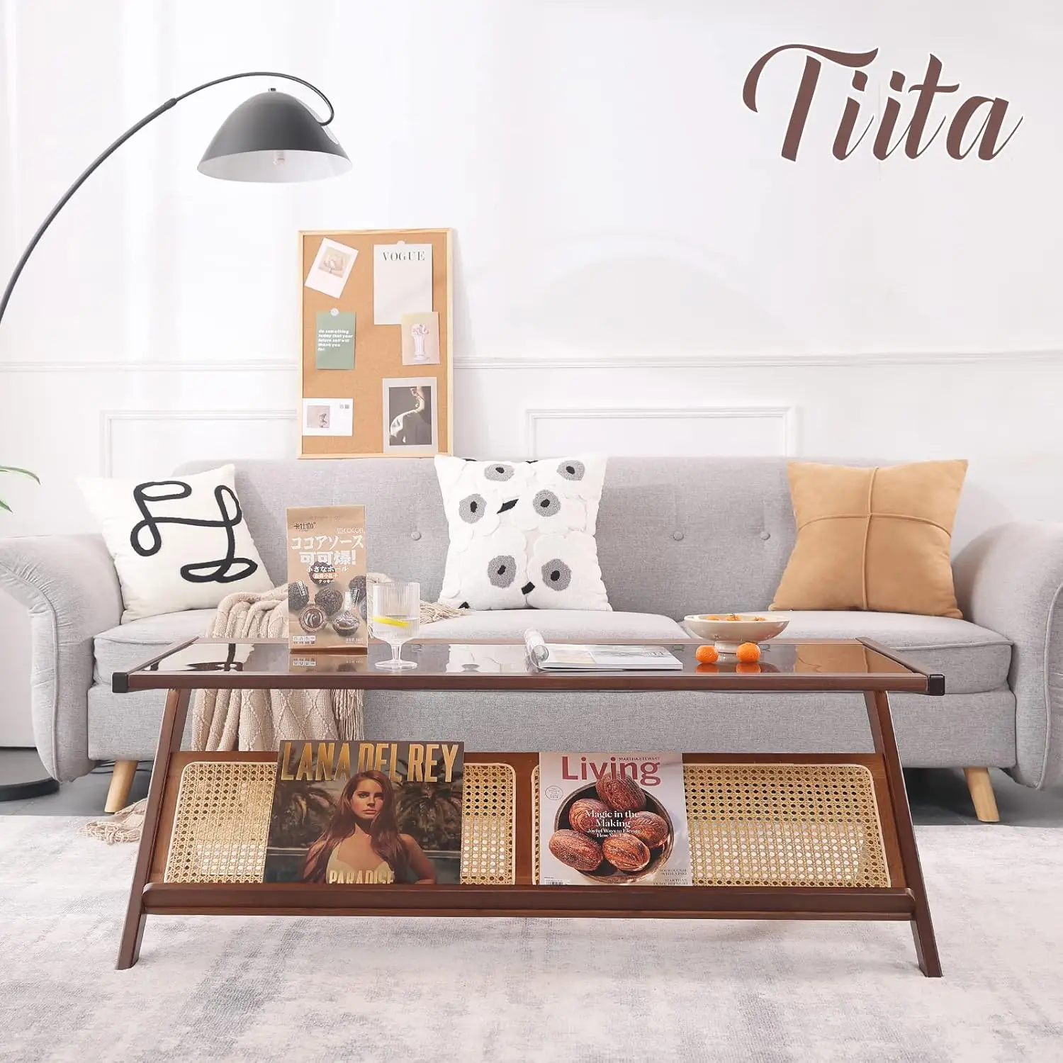 Tiita Rattan Coffee Table, Bamboo Accent Bedside Tables, Glass Nightstand Side Table, Boho Wooden End Table With Storage For