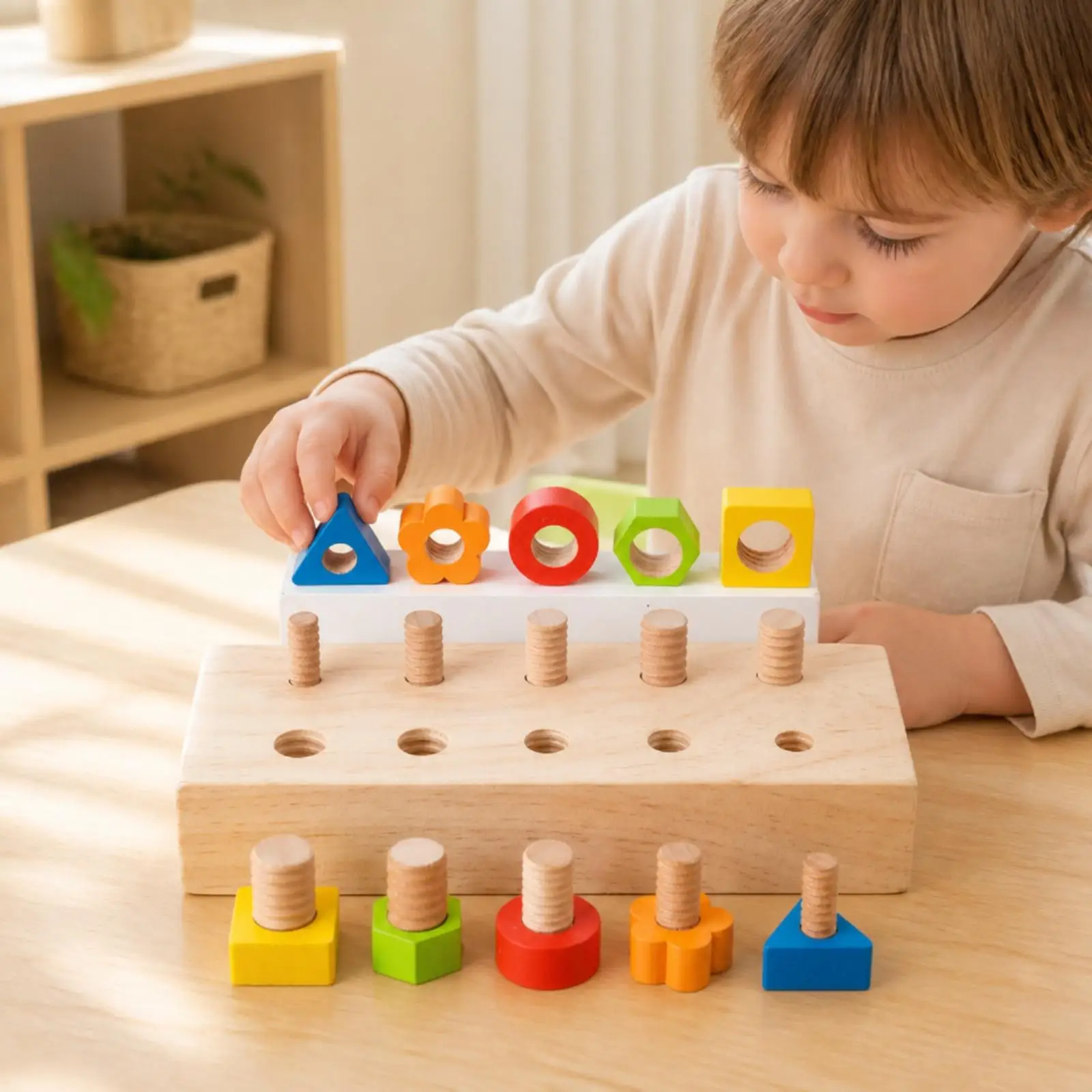 Wooden Screw Block Learning Toy for Children with Five Geometric Shapes for Hand Eye Coordination