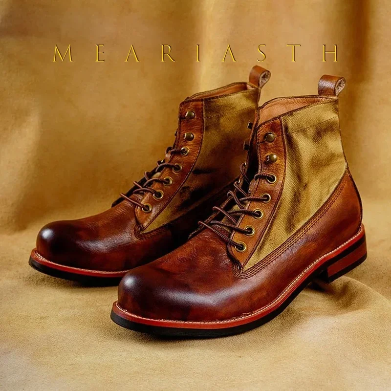 メンズハイカットブーツ、通気性PUレザー、レトロなメンズバイクツーリングシューズ、メンズレザーカウボーイブーツ