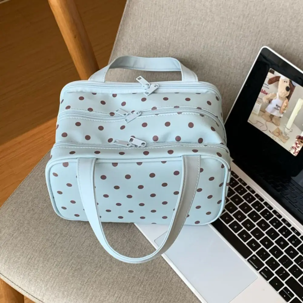 Polka Dot Handheld Makeup Bag Multifunctional Three Layer Partition Toiletry Organizer Bag Large Capacity Waterproof