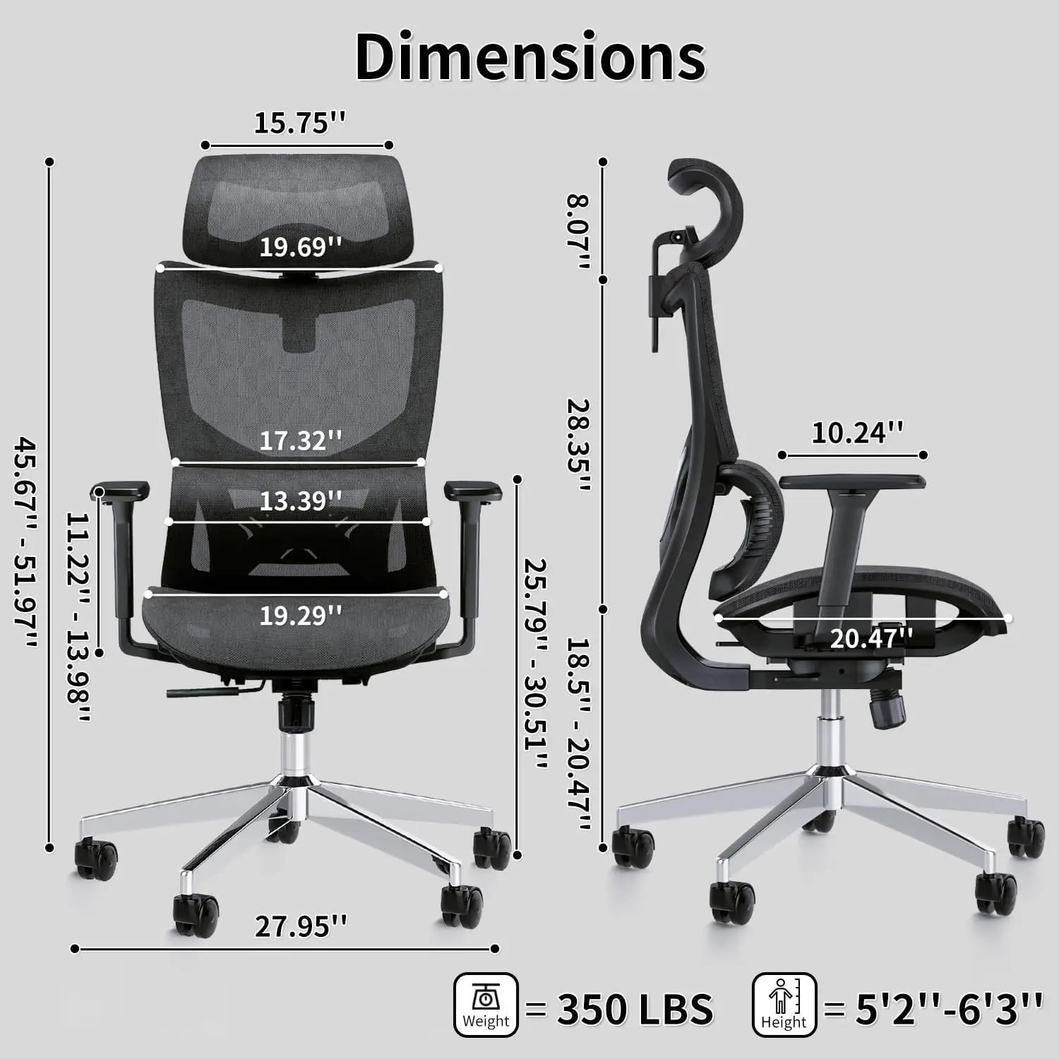 Kursi kantor ergonomis dengan sandaran tangan 3D, kursi meja komputer besar dan tinggi dengan sandaran kepala dapat disesuaikan, kedalaman tempat duduk, penopang pinggang