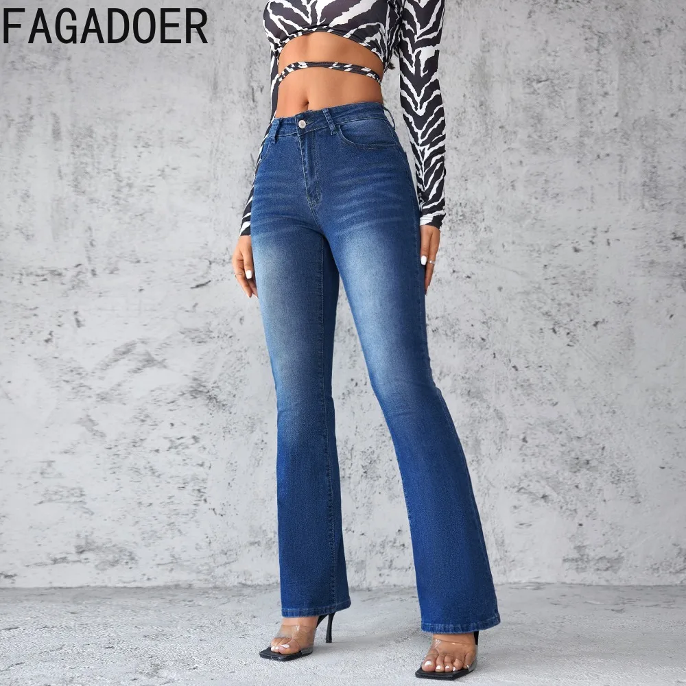 FAGADOER 2024 New Jeans Women Vintage Street Water Wash Denim Bell Bottoms High Waist Cargo Casual Pants Women's Wide Leg Pants