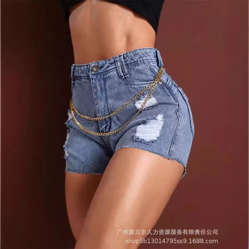 

2024 Spring Summer Women's Clothing Solid Color Chain Stitching Ripped Tight Denim Shorts New Arrivals Design