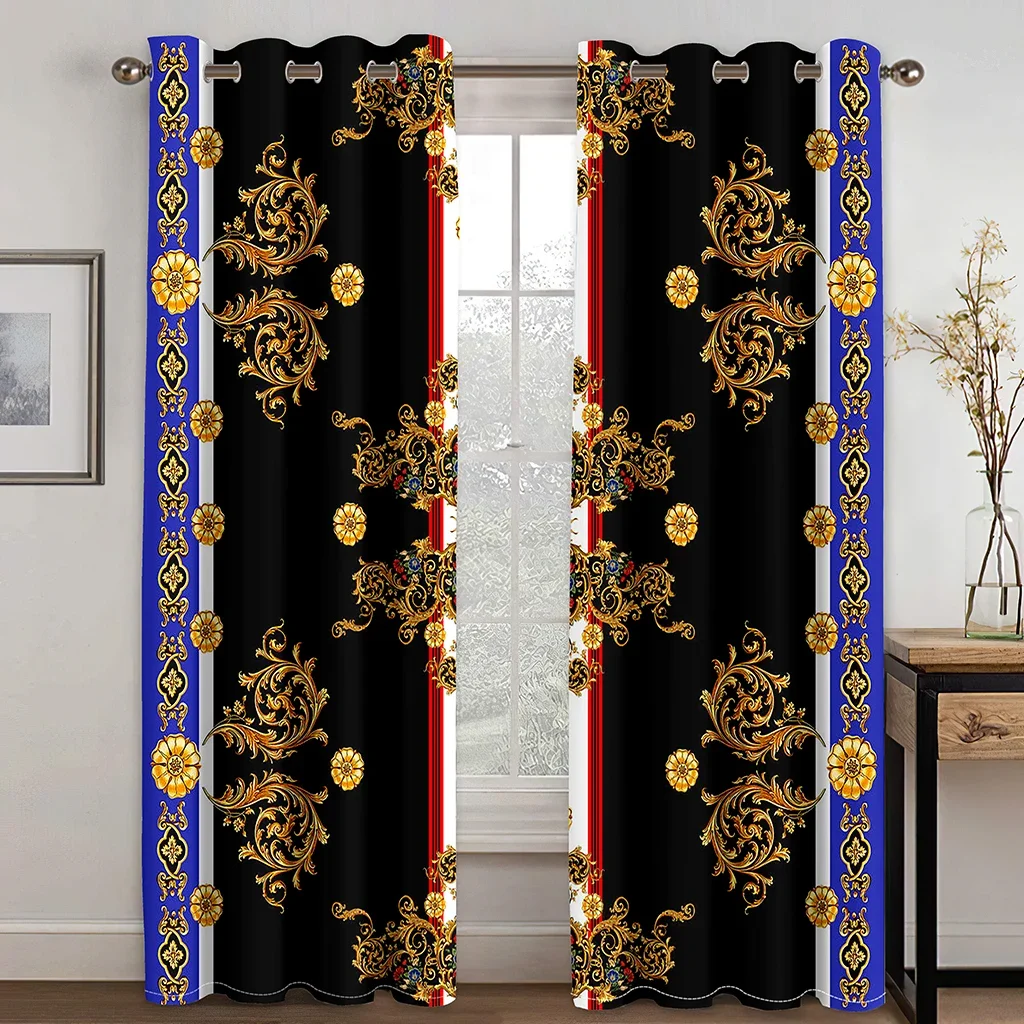 Black Baroque Luxury Granny Designer Gold Brand Free Shipping 2 Pieces Thin Curtains for Living Room Bedroom Window Drape Decor