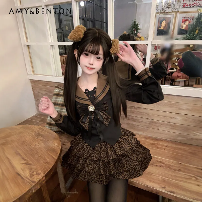 

Комплект униформы JK для девушек: рубашка с длинным рукавом и темно-синим воротником, плиссированная юбка, леопардовый принт, в студенческом стиле