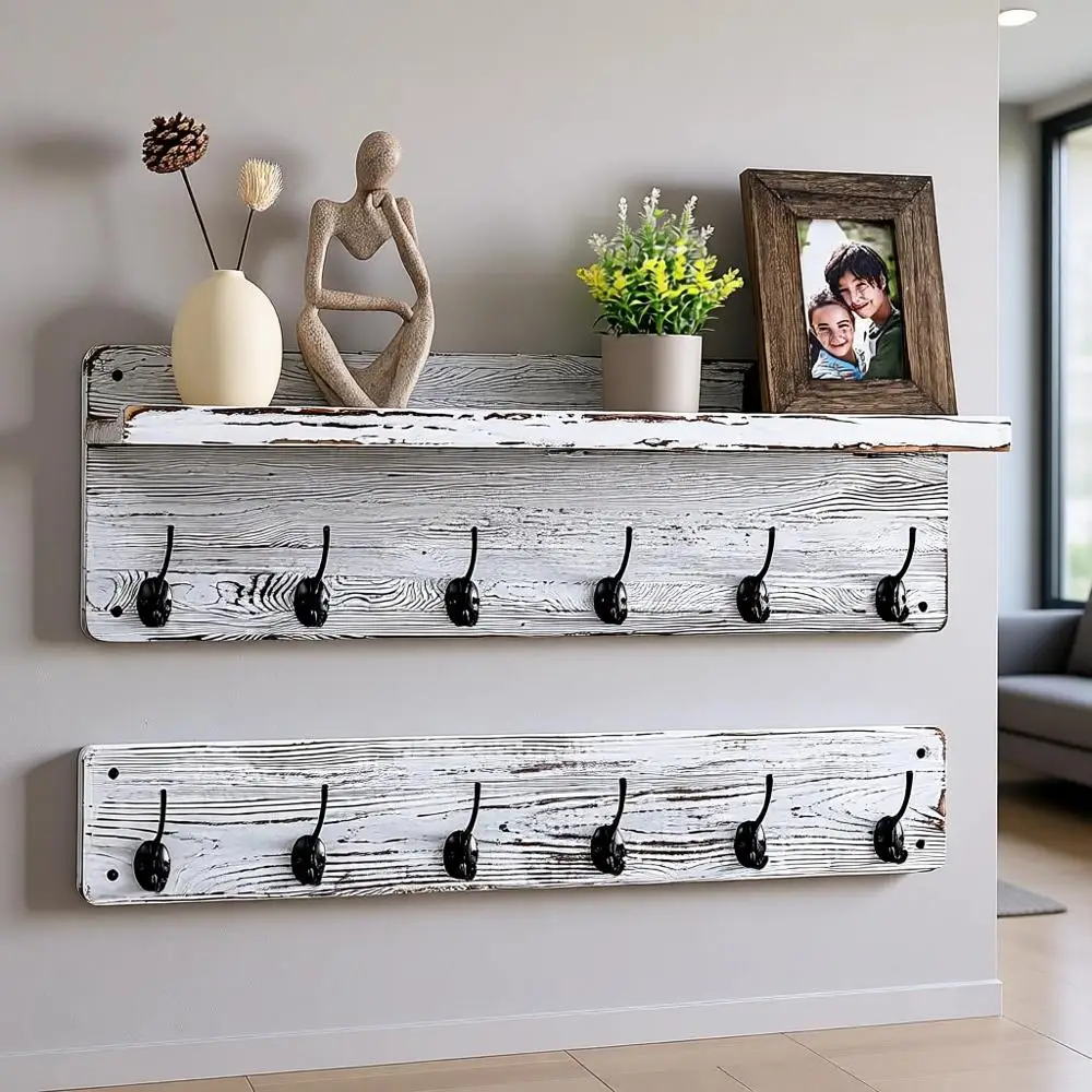 29.5 Inch Wide Wall-Mounted Coat Rack with 12 Hooks, Shelves, Mail and Key Holder, White Wash Finish, Perfect for Entryway