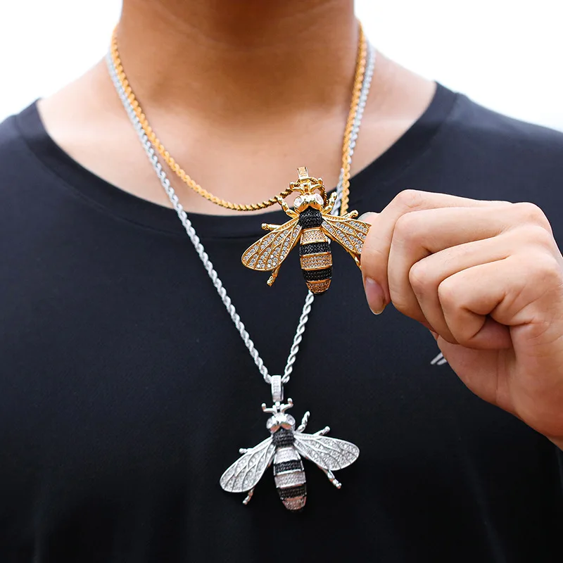 Hip Hop Claw Setting 5A+ CZ Stone Bing Iced Out Bee Pendants Necklace for Men Rapper Jewelry Gift Gold Silver Color