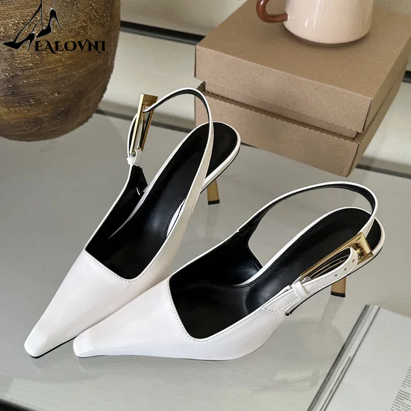 Street Style Sexy Pointed Toe Metal Buckle Strap Women Pumps Stripper Sandals  Slingback High Heels Female Shoes