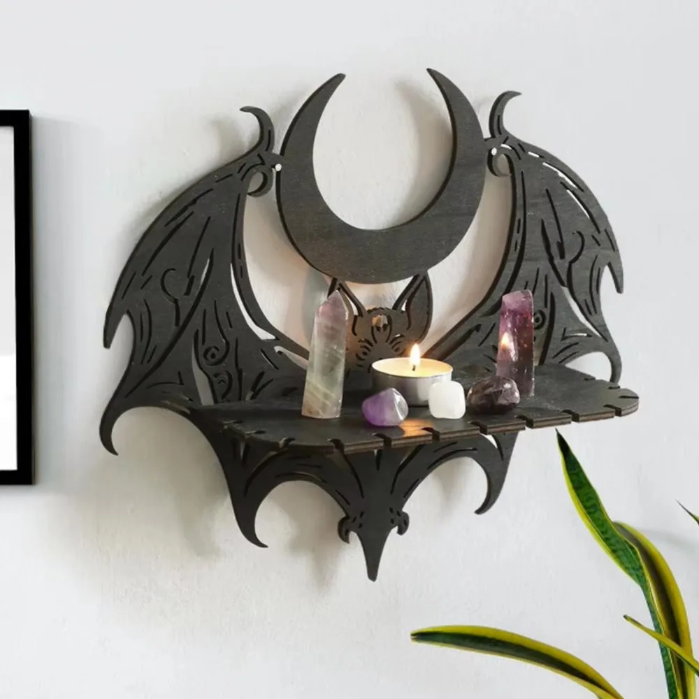 Simple Hollow Pattern Bat Storage Shelf Black Unique Wooden Wall Shelf 3D Gothic Crystal Rack Living Room