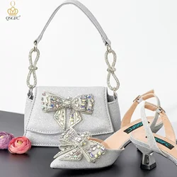 QSGFC 2024 Nigerian Women's Silver Mid Heels Frosted Crystal Shiny Rhinestone Party Italian Design Pointed Shoes And Bag Set