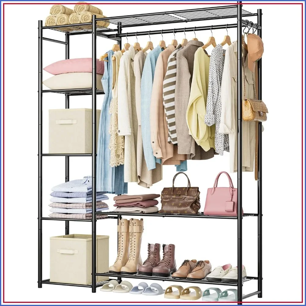 Portable Clothes Rack with 4 Shelves & Hanging Rod, Steel Wardrobe Organizer for Bedroom, Closet, Entryway, Black
