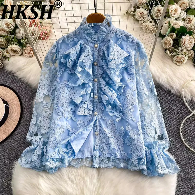 

HKSH Spring Autumn New Women Shirt Mesh Embroidery Patchwork Stand Collar Single Breasted French Gentle Blouse Sweet Top HK16456
