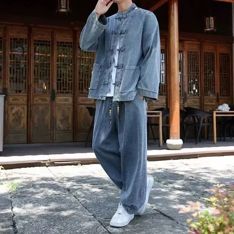 New Autumn Large Size 300 Pounds Wind Buttoned Denim Shirt Jacket Men's Trendy Casual Set Youth Seven Sleeve Length Pure Color
