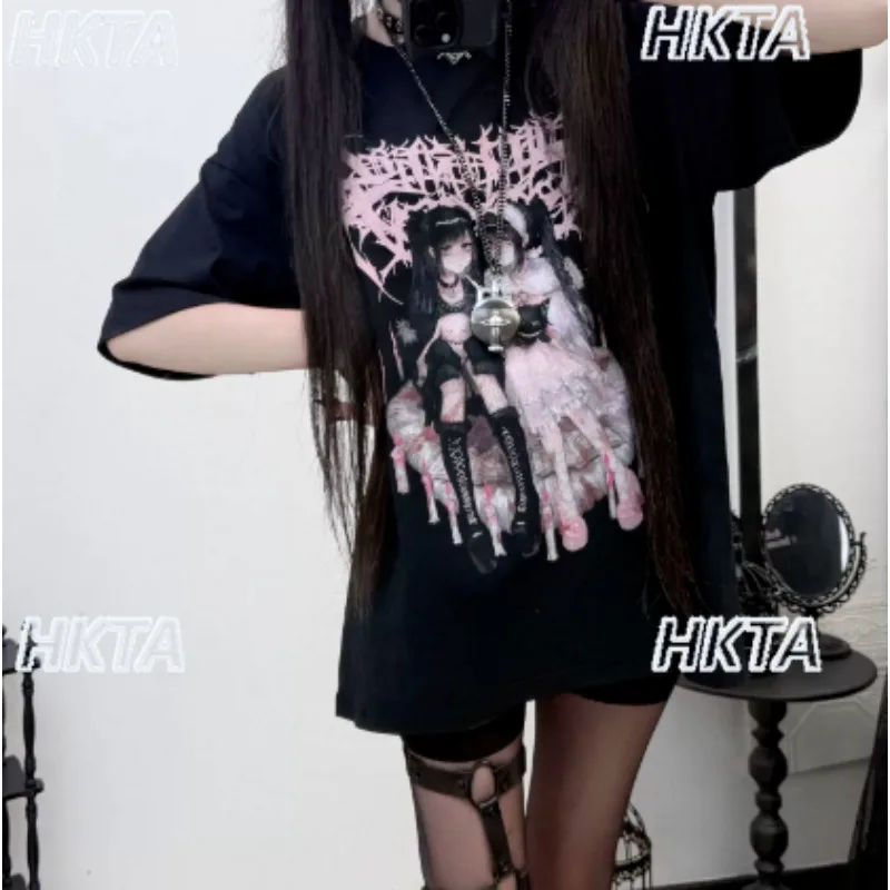 Subculture Goth Y2k Fashion Street Two Dimensional Printing Loose T Shirt Summer Round Neck Short sleeved Top Black Tshirt Women