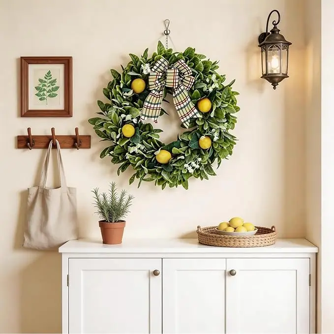 20In Lemon Wreath for Front Door, Spring and Summer Wreath with Artificial Yellow Lemon, Lamb's Ear Leaves and Ribbon for Family Home, Porch, Kitchen