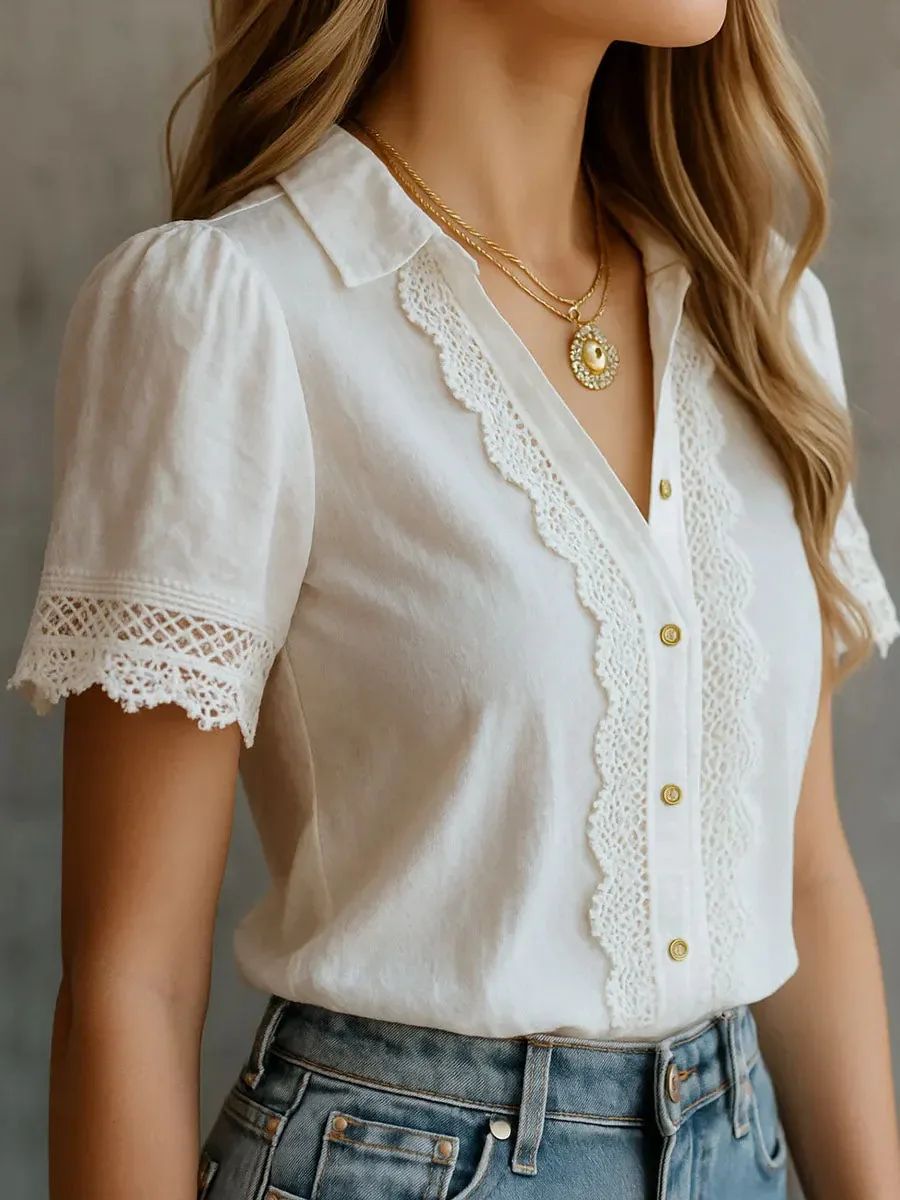 Elegant Women's Shirts Casual Solid Color Lapel Button Embroidery Lace Patchwork Blouses Summer Everyday Wear Short Sleeve Tops