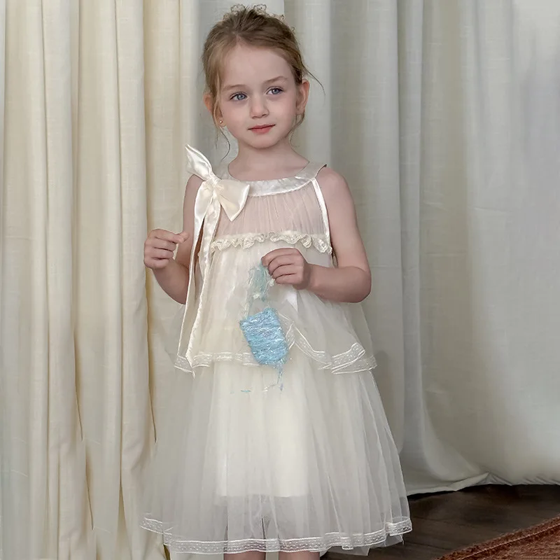 

HoneyCherry новая летняя милая пышная юбка без рукавов во французском стиле, платье принцессы с бантом из тюля для девочек