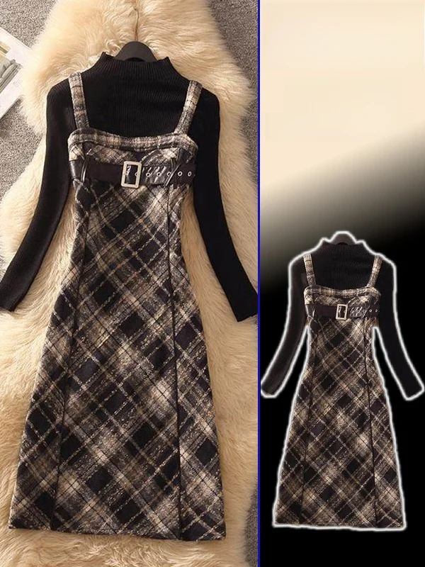 

plus Size Women's Bla Cheered Blouse And Overalls Spring Faion Set Korean Sle Hepburn Wind Inner Wear Top And Skirt C...