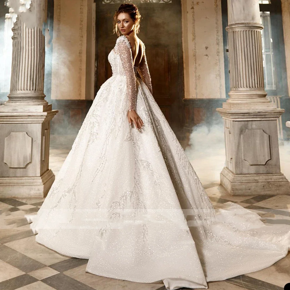 Vestido De fiesta De princesa personalizado, vestidos De Novia con brillo real, cuello barco, manga larga, bordado De encaje, Vestido De Novia