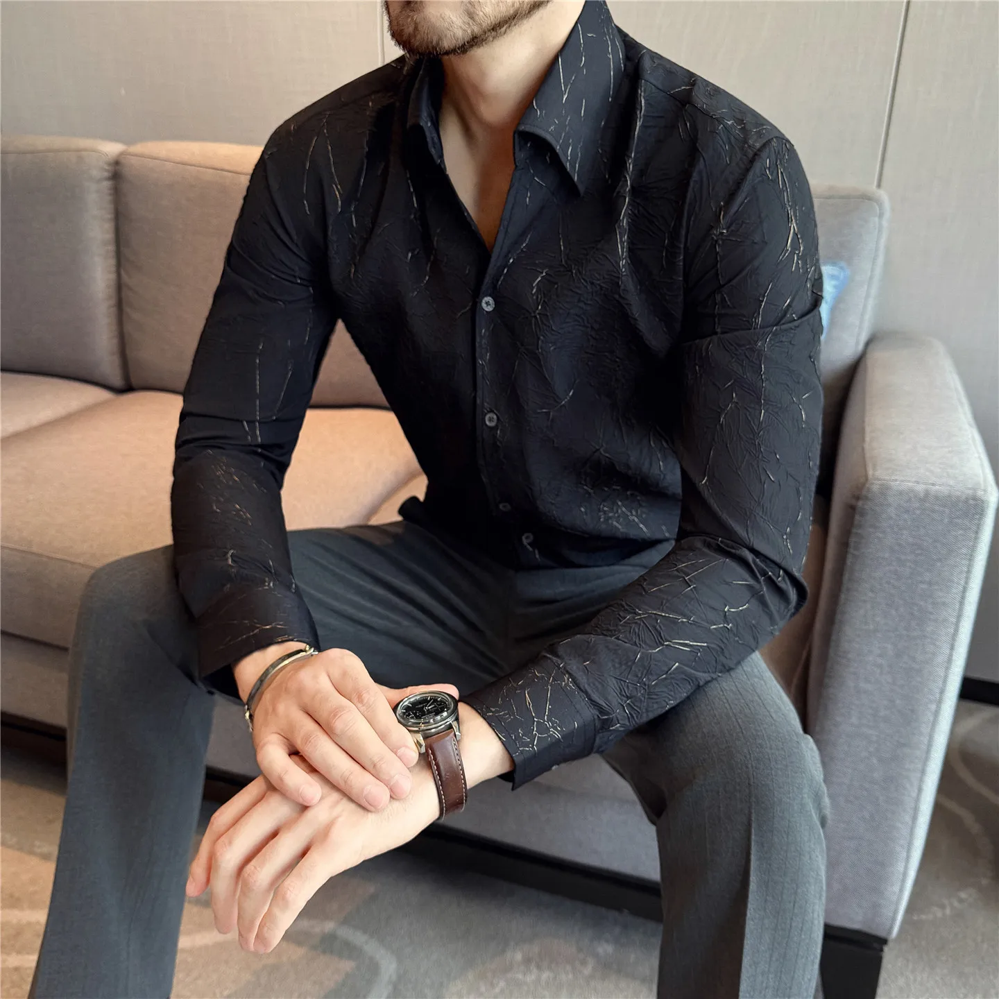 الخريف عالية الجودة قميص الرجال طويلة الأكمام مطوي تصميم الخامس الرقبة قمصان عادية عادية الأعمال الاجتماعية قميص الرجال الملابس #4