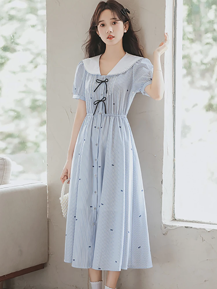 Women Blue Print Striped Chic Bow Sailor Collar Midi Dress Summer Elegant Bodycon Party Dress 2024 Korean Fashion Evening Dress