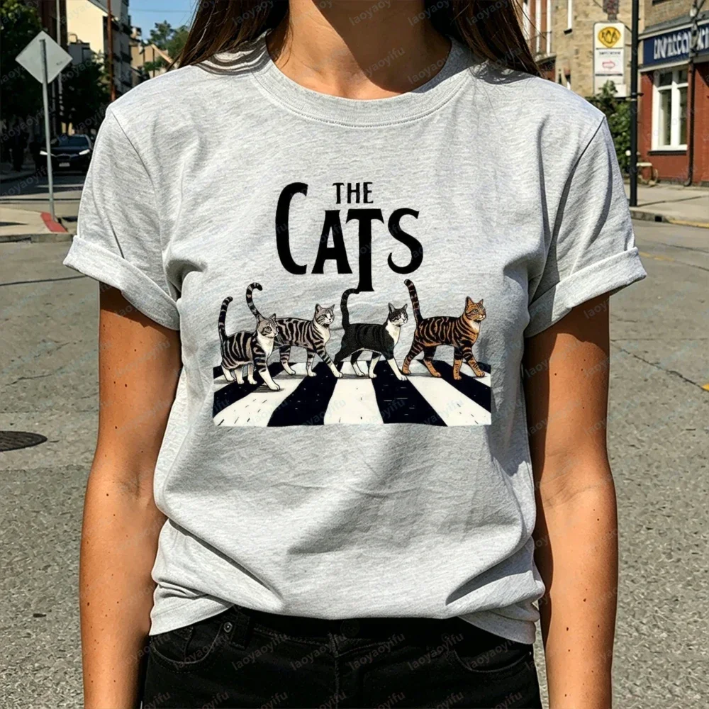 The Cats Abbey Road Crosswalk Grafik-T-Shirt für Damen, Retro Tabby-Katzen Beatles Parodie-Print, Katzenliebhaber Casual Kurzarm-Shirt – Detail 2