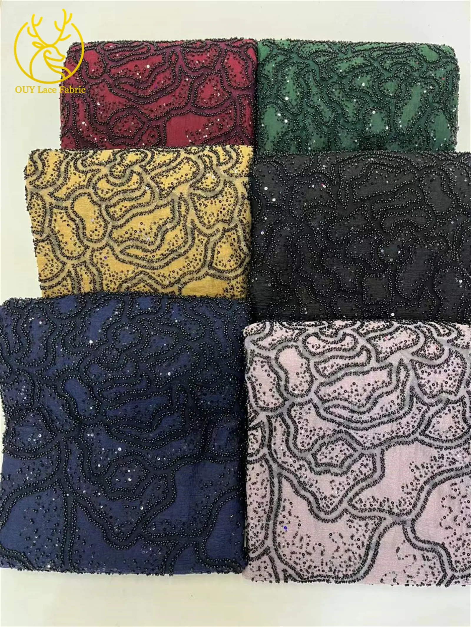 高級ナイジェリア産アフリカビーズレース生地2025高品質フランススパンコール刺繍レース生地、婦人服縫製用
