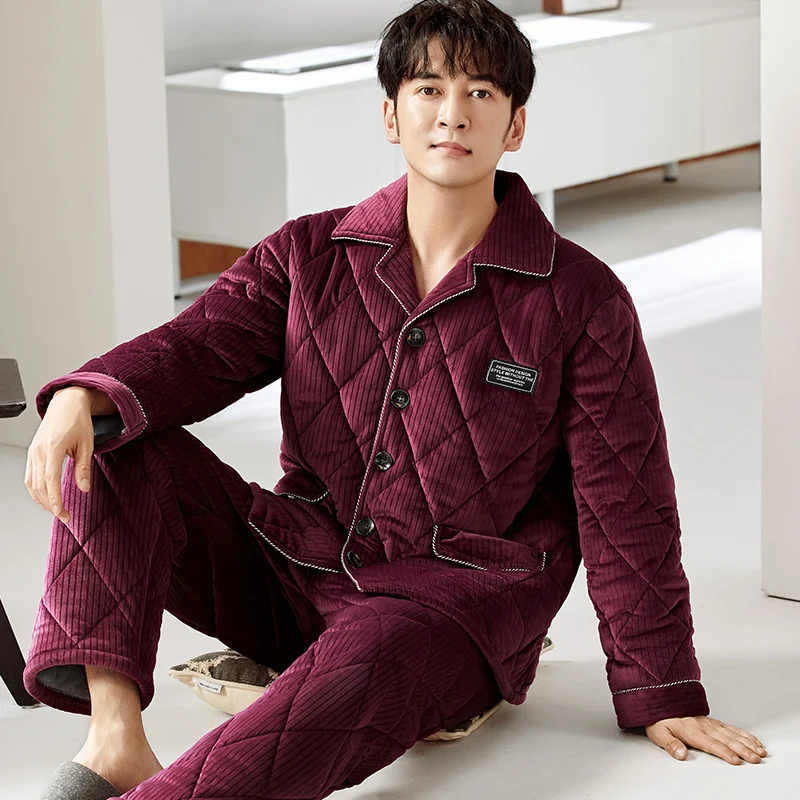 

Winter Pajamas For Men Thick Three-layer Quilted Sleepwear Suit 2 Pcs Pyjama Homme Warm Casual Home Clothing Pijama Hombre L-3XL