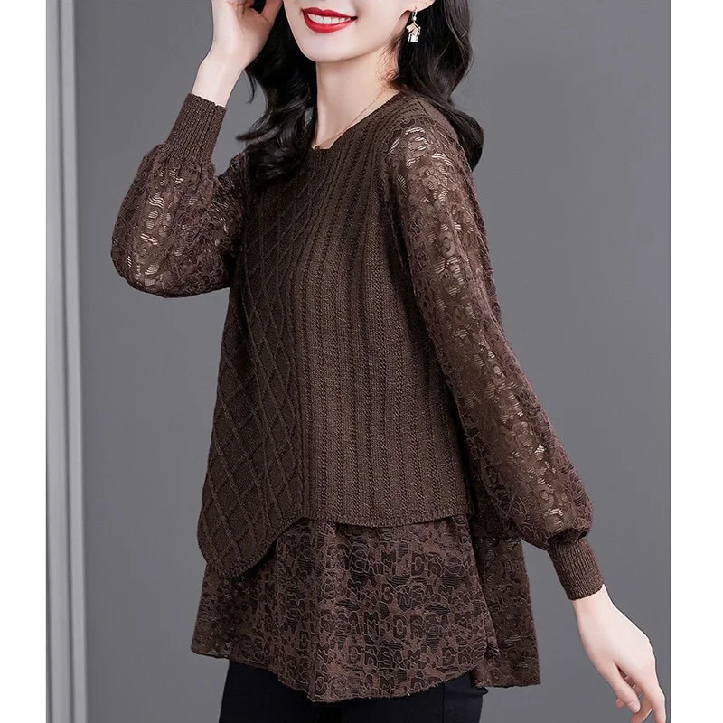 Elegant Hollow Out Lace Fake Two Pieces Blouse Women\'s Clothing 2023 Autumn New Casual Pullovers Commute Shirt