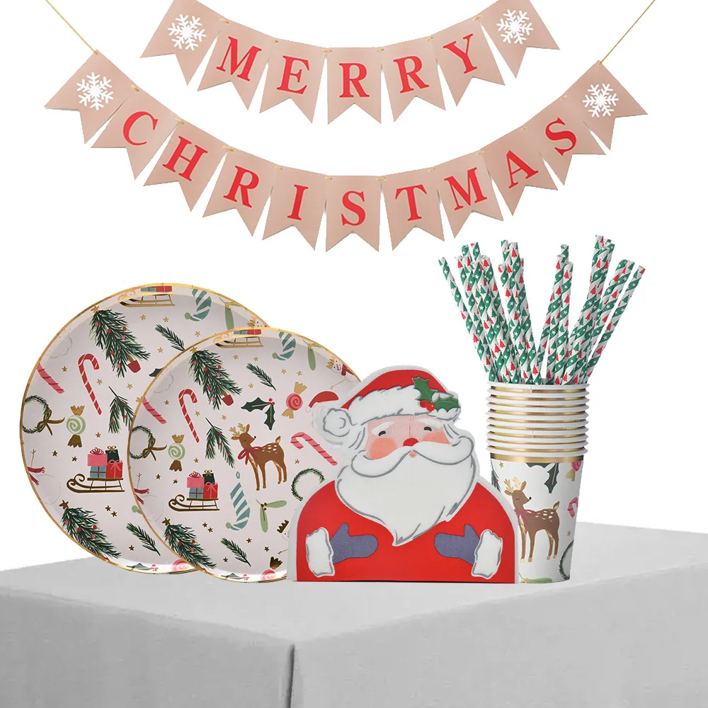 Christmas Theme Party Disposable Tableware Bronzing Paper Plates Paper Cups Merry Christmas Decorations For Home Xmas Ornamnets