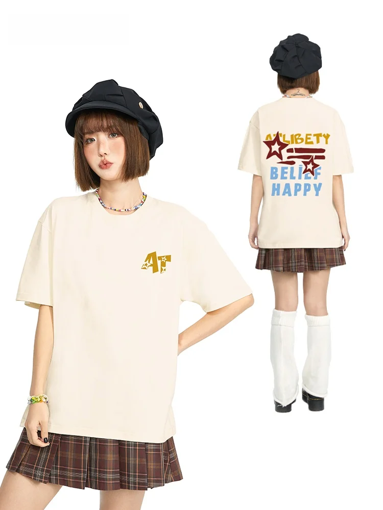 

ATLIBE American Retro ort Sve T-irt Women Summer Letter Print Loose Trendy Couple f Sve Top Ins Cotton round Ne