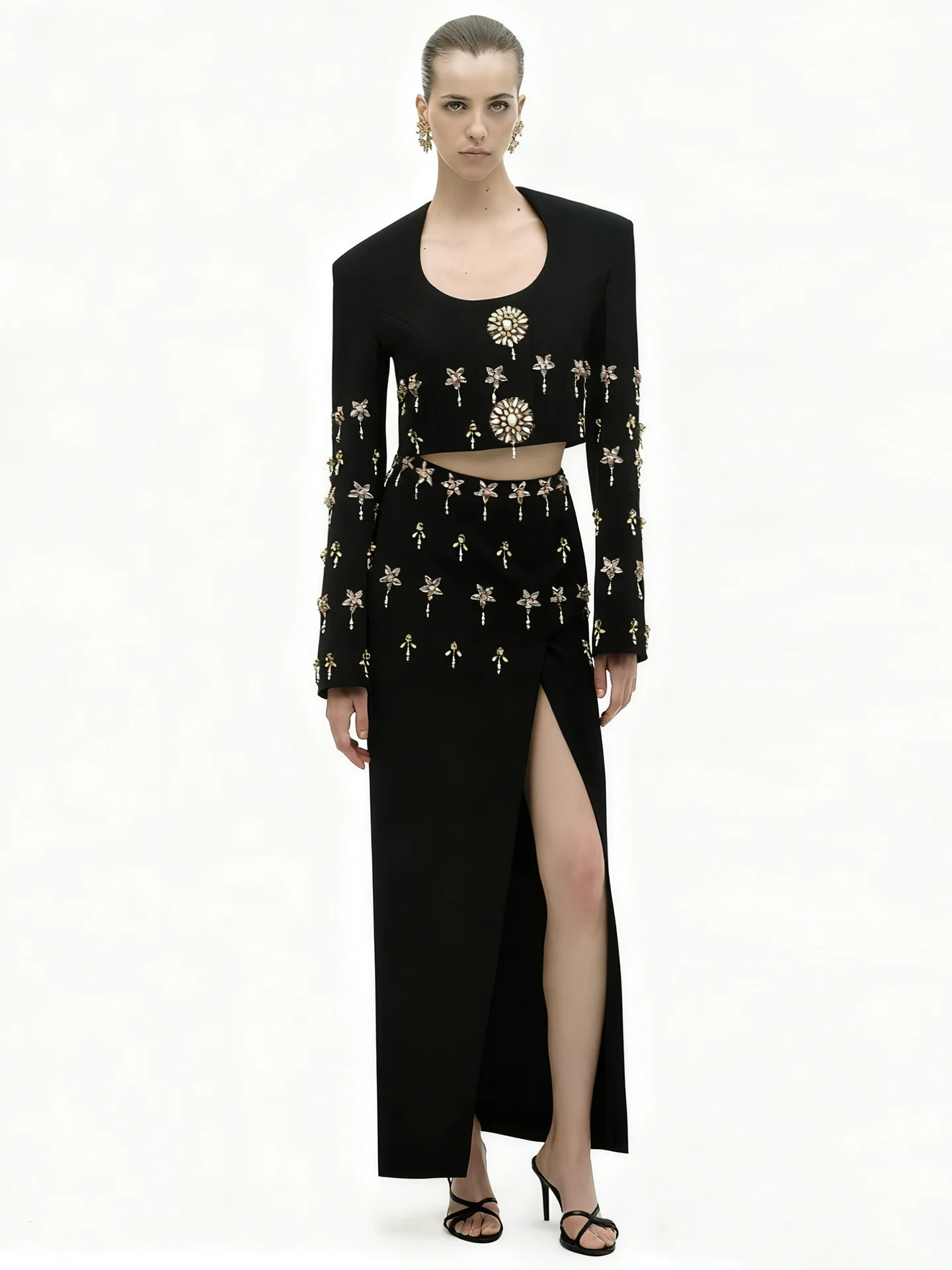 VGH Fashion High End New Heavy Embellished Long Sleeve Top with Split Skirt Set Diamond Embedded Elegant European Style Women...
