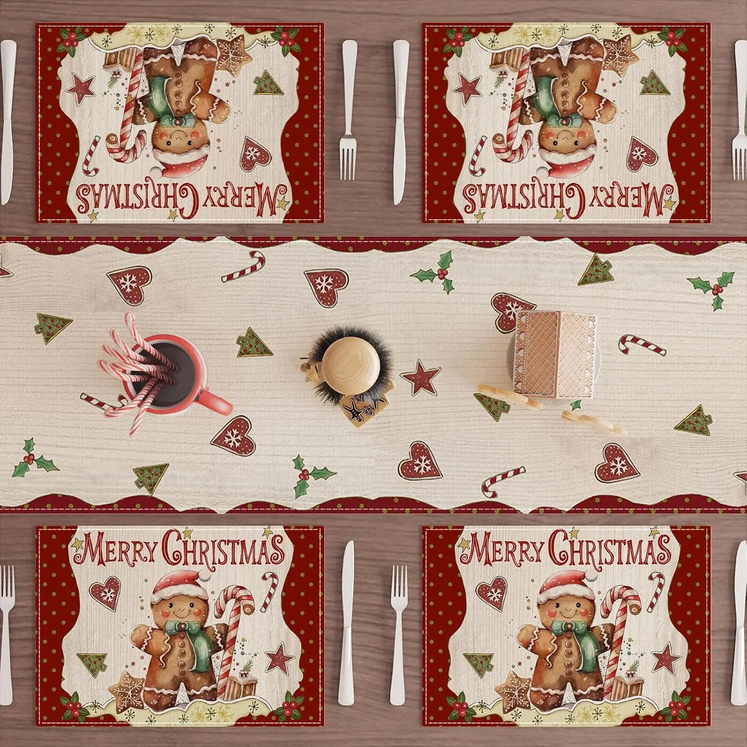 Merry Christmas Gingerbread Man Xmas Placemats Set of 4, 12x18 Inch Table Mats for Home Kitchen Dining Decor