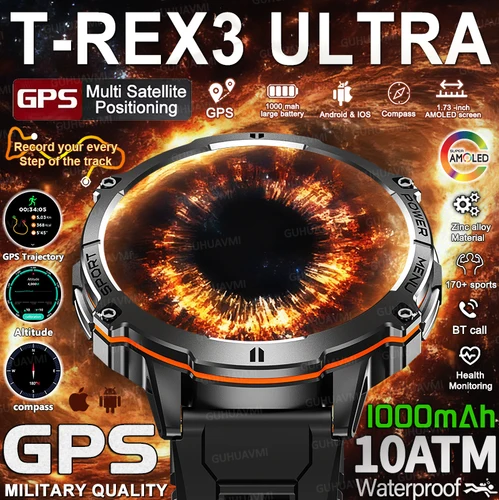 2025 nuevo T-Rex3 1000mAh batería deportes SmartWatch 1,73 ""pantalla AMOLED 10ATM impermeable brújula altímetro pulsera militar hombres