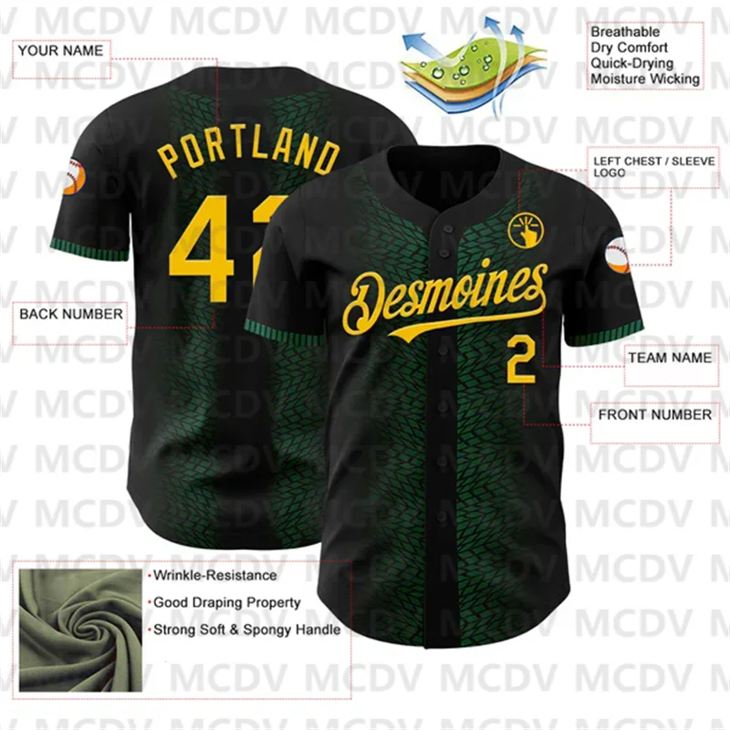 Custom Black Yellow-Kelly Green 3D Pattern Design Geometric Shapes Baseball Jersey Casual Shirts Sport Unisex Tops