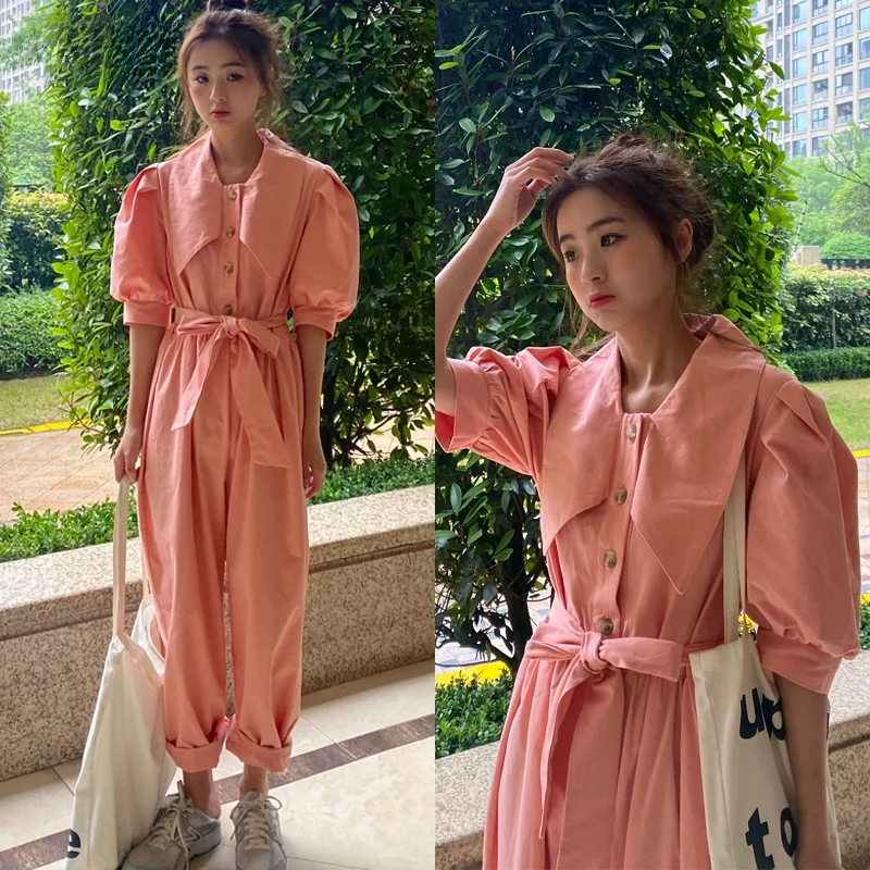 จั๊มสูทคอปกบานทรงวัยรุ่น แขนพอง แต่งเชือกรัดเอว กางเกงผ้าฝ้ายลำลองสำหรับฤดูร้อน เหมาะสำหรับสาวๆ