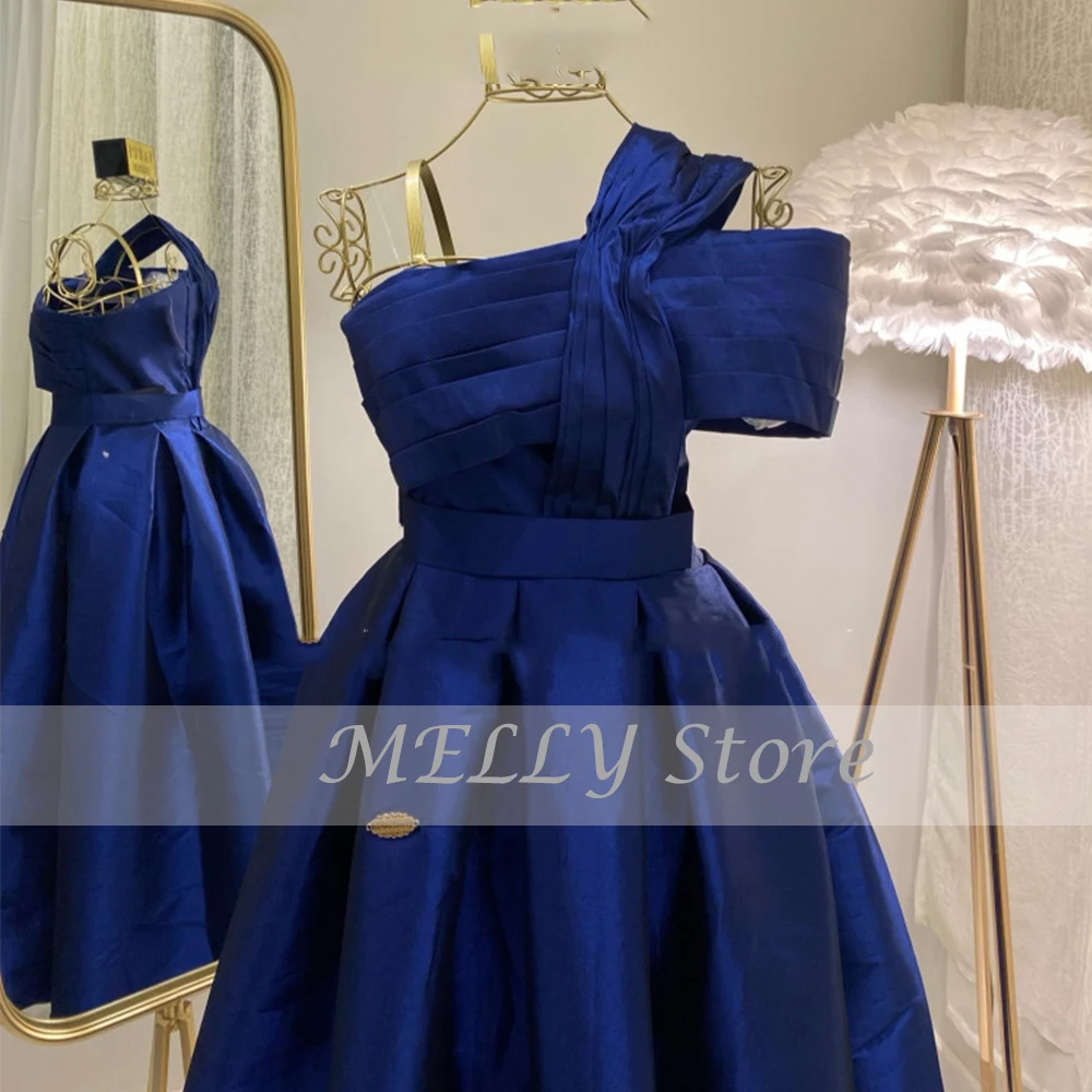 Blue Evening Dresses หนึ่งไหล่คอเรือ Vestidos De Fiesta Elegantes Para Mujer 2023 Line ความยาวชุดเดรสปาร์ตี้