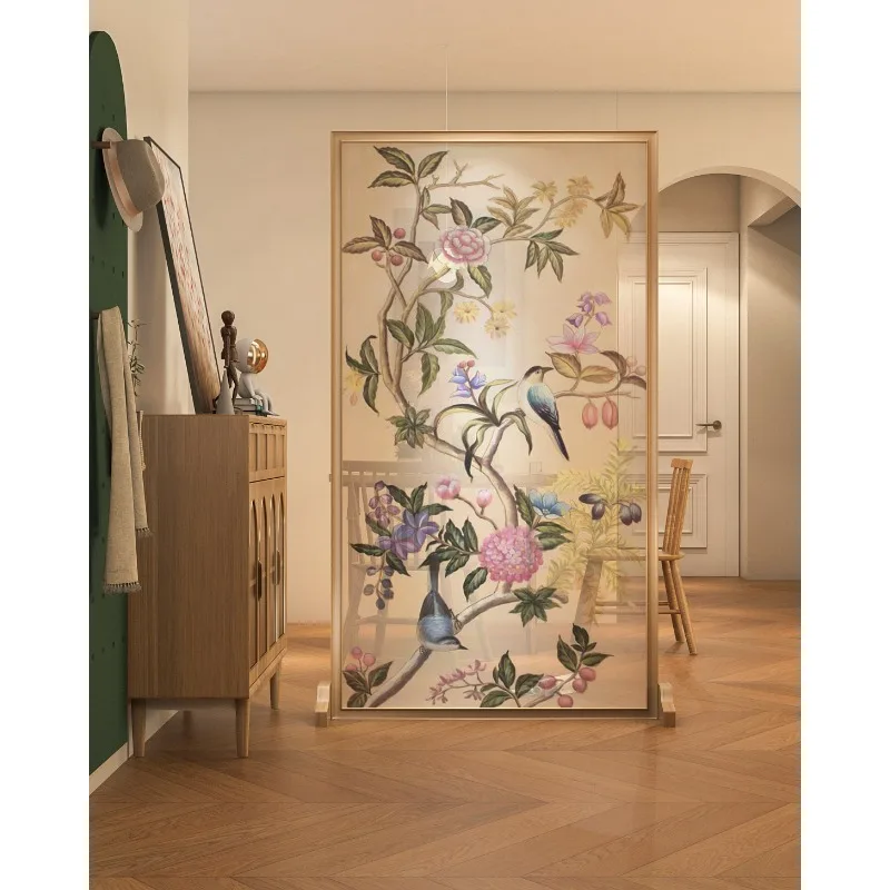 French retro flower and bird solid wood home screen partition dining room home mobile blocking decorative semi-transparent