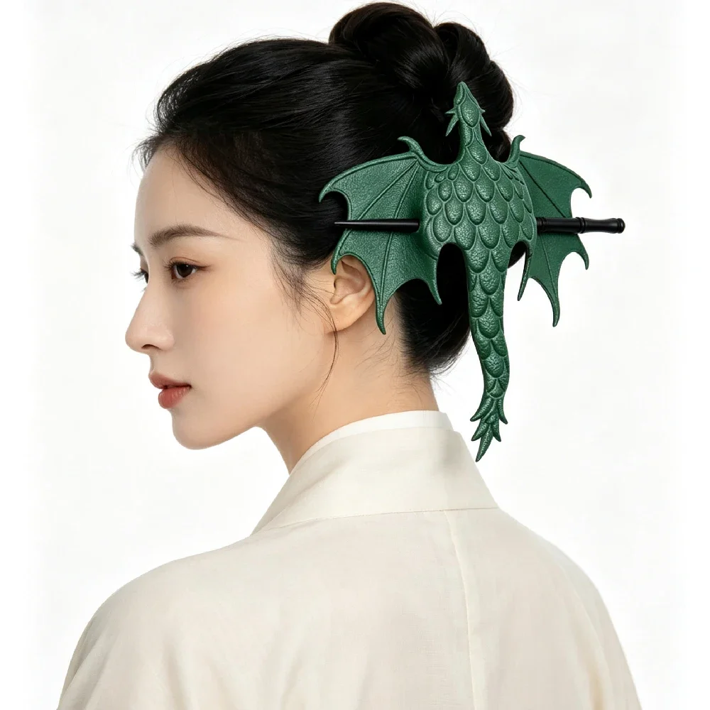 1 Stück Gotischer Drachenflügel-Haarstab, Mittelalterlicher Drachen-Haarstab mit Wikinger-Ledergriff, Holzstab für Damen Alltagsgebrauch & Cosplay – Detail 4
