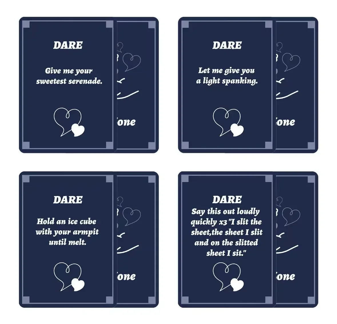 50 interactive board game cards designed for parties, social gatherings, featuring Truth or Dare challenge prompts.