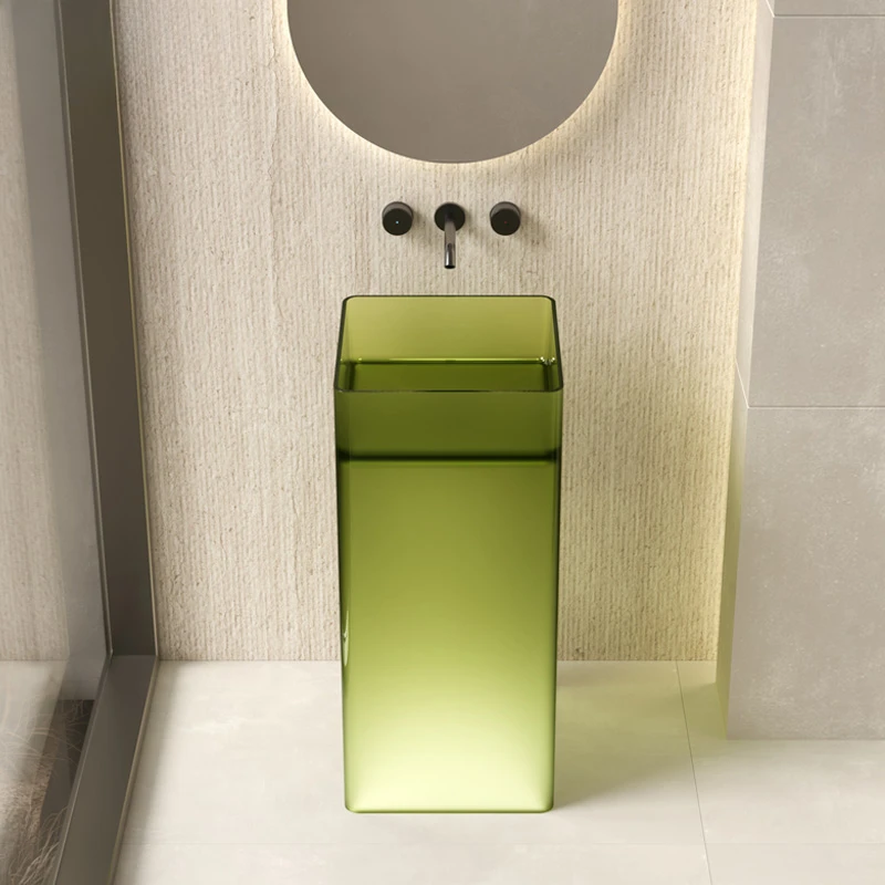 Square transparent column type wash basin hotel bed and breakfast bathroom integrated floor resin crystal pillar basin