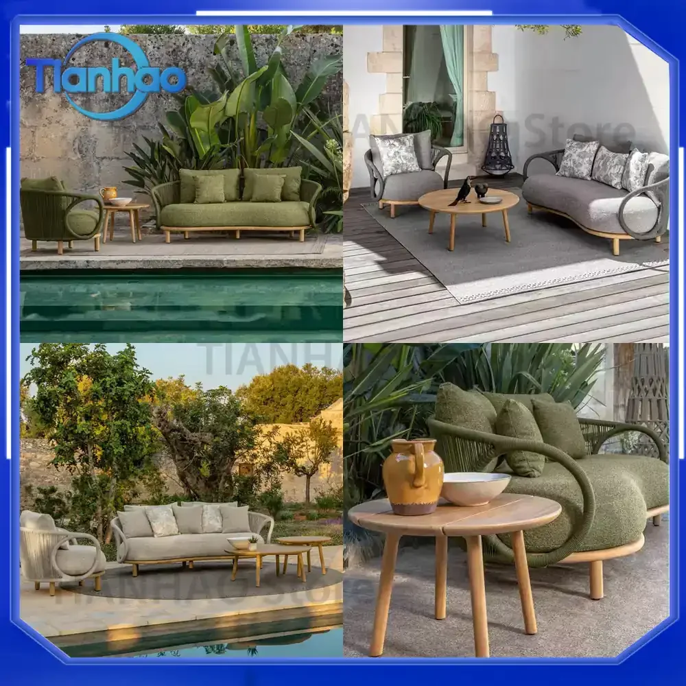 Wicker Outdoor Sofa Set with Teak Wood Frame for Garden Hotel Designer Lounge Bed Coffee Table Balcony Furniture