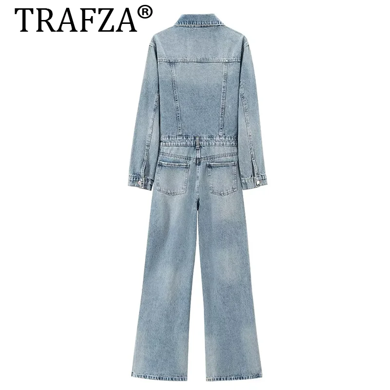 TRAFZA 2024 New Fashion Women\'s Denim Jumpsuit Spring Summer Jumpsuit Suit for Women Casual Chic Women Bodysuits