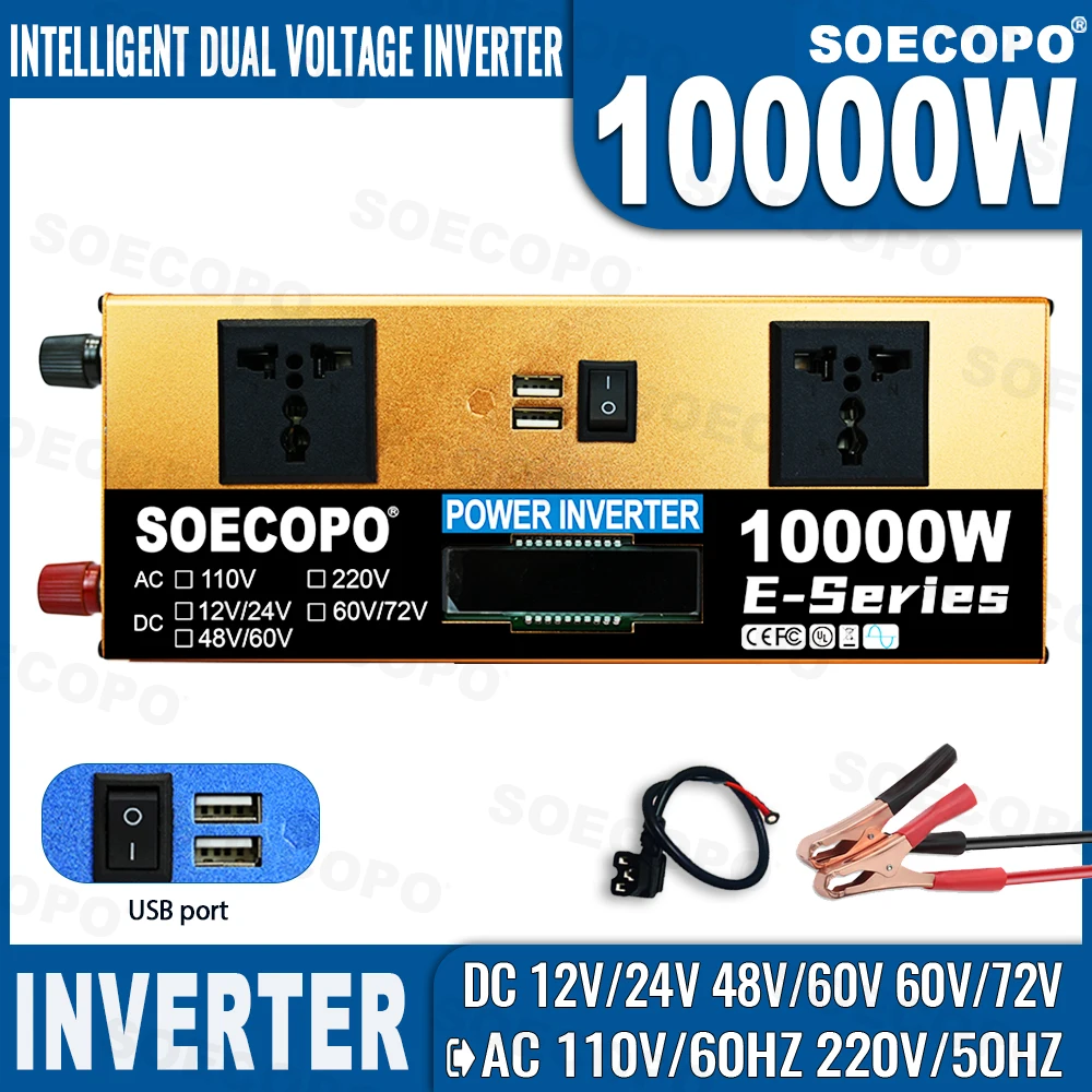 Industrial 10000W Inverter DualVoltage Inverter 12V24V48V60V72V  to 110V/220V AC with LCD Screen&Dual USB for Outdoor Adventures