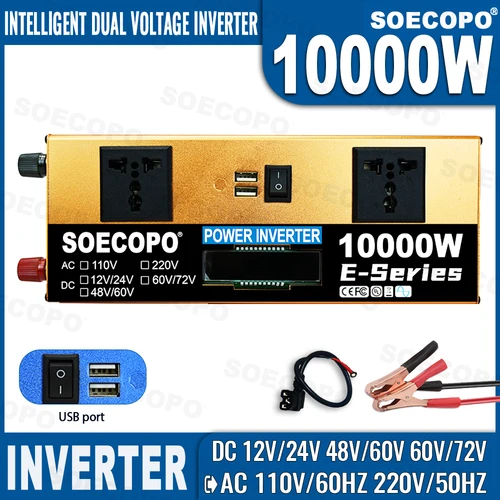 Imagen 1 del producto Inversor industrial de 10000W Inversor de doble voltaje 12V24V48V60V72V a 110V/220V CA con pantalla LCD y USB dual para aventuras al aire libre