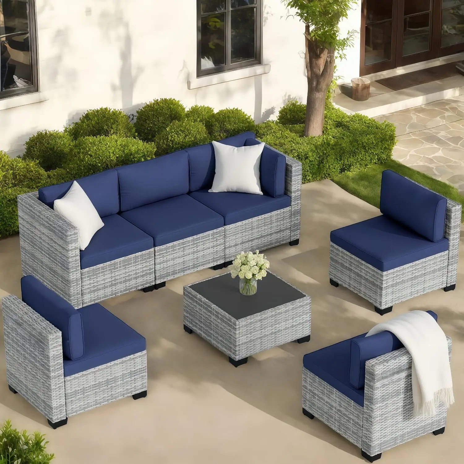 

7-Piece Outdoor Rattan Sectional Sofa Set, Gray Wicker Patio Furniture Sets With Navy Blue Cushions For Balcony,, Customized