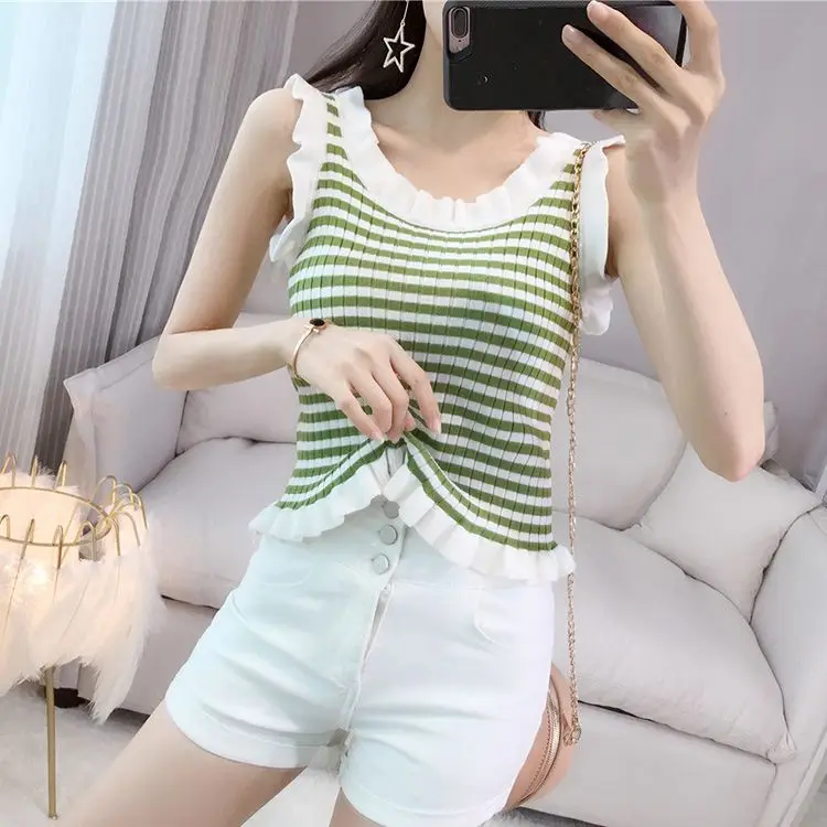 Summer 2023 New Sweet Fresh Striped Fungus Sleeves Bottom Camisole Female Outerwear Knitwear Student Tank Top Crop Tops