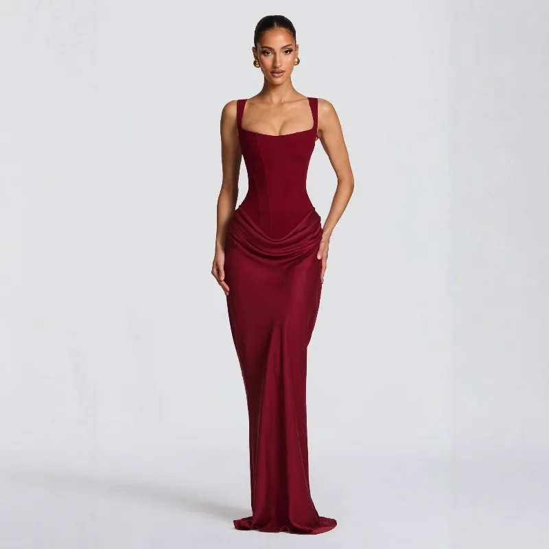2026-summer-women's-dress-brown-pleated-long-square-neck-sleeveless-off-shoulder-cinched-waist-slim-fit-elegant-banquet-dress