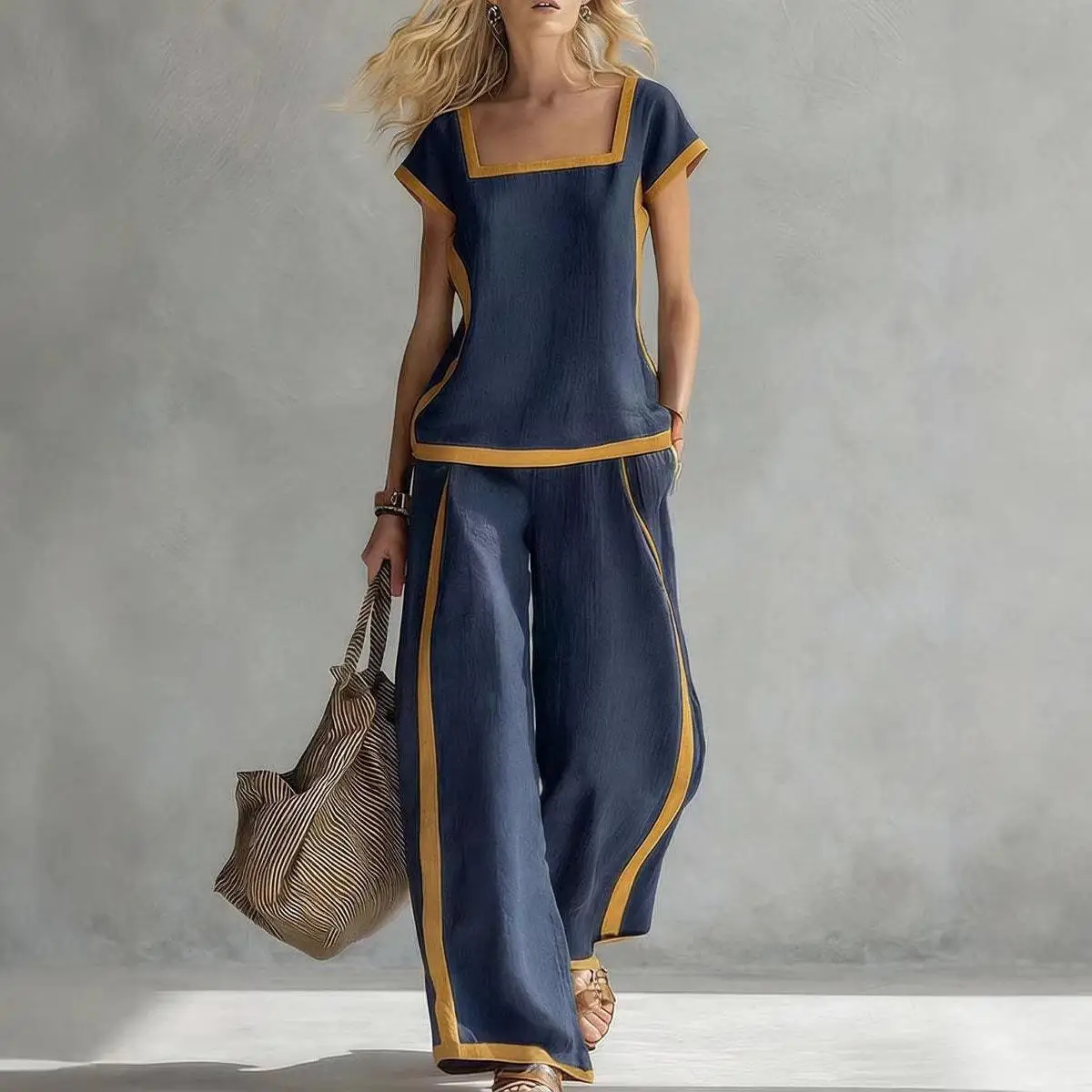 Casual Fashion Color Block Wide Leg Pants Set Women's Two Piece Set Summer Cross-Border Independent Station Style Leisure